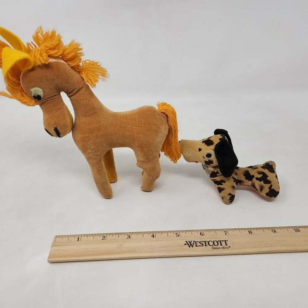 VINTAGE JAPAN PLUSH PRIZE BROWN HORSE SPOTTED DACHSUND ANIMAL TOY DOLL FELT EYES